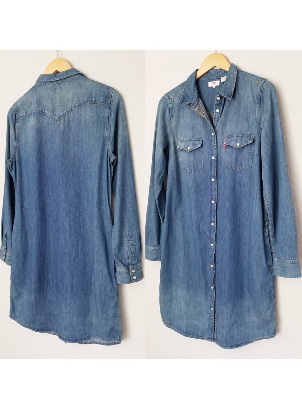 Levi's Chambray Denim Blue Shirt Dress M Western Snap Button Red Tab 100% Cotton - Picture 2 of 15